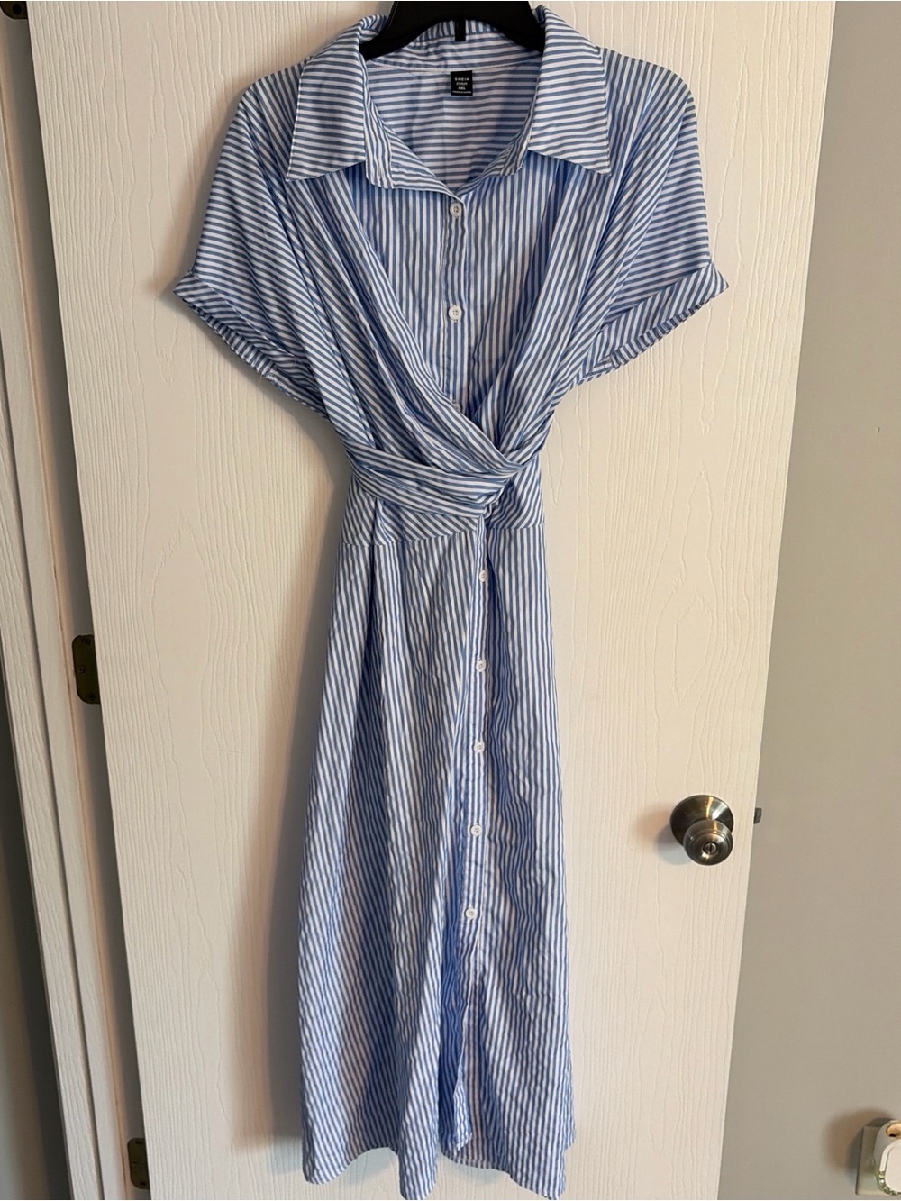 Blue Stripe Button-Front Shirt Dress with Waist Tie